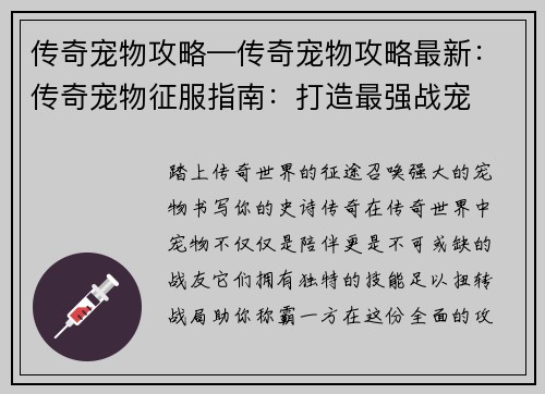 传奇宠物攻略—传奇宠物攻略最新：传奇宠物征服指南：打造最强战宠